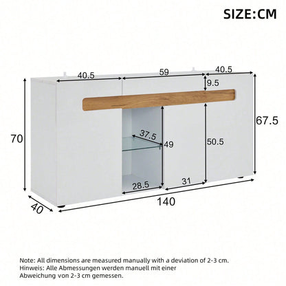 Modernes 3-türiges Sideboard 140x40x70 cm mit LED-Beleuchtung & App-Steuerung – Hochglanz-Wohnzimmerschrank in Weiß, Glasboden & Stauraum