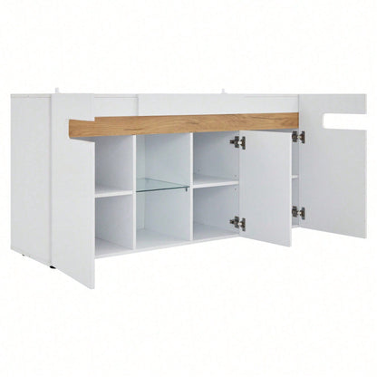 Modernes 3-türiges Sideboard 140x40x70 cm mit LED-Beleuchtung & App-Steuerung – Hochglanz-Wohnzimmerschrank in Weiß, Glasboden & Stauraum