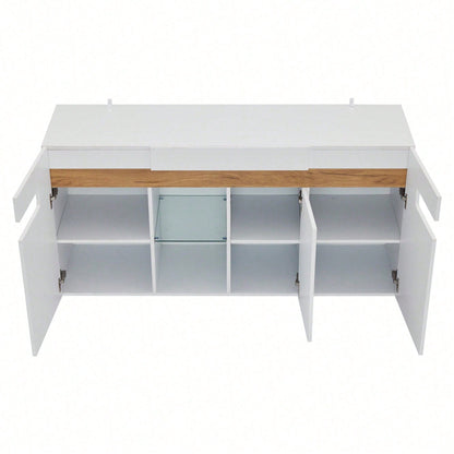 Modernes 3-türiges Sideboard 140x40x70 cm mit LED-Beleuchtung & App-Steuerung – Hochglanz-Wohnzimmerschrank in Weiß, Glasboden & Stauraum