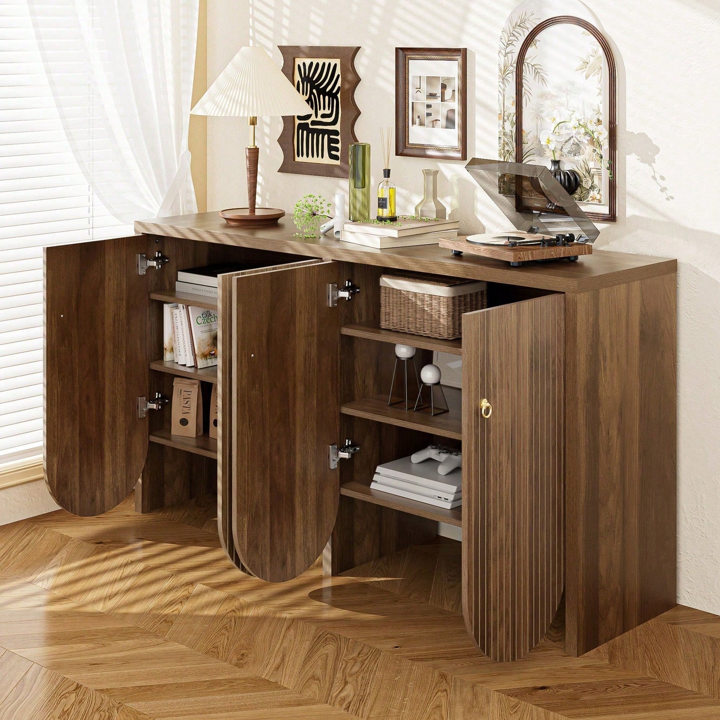 Elegantes Sideboard 147*40*80 cm in Walnussoptik - 4 Türen mit Aluminiumgriffen & verstellbaren Einlegeböden - Stilvoller Aufbewahrungsschrank für Wohnzimmer, Esszimmer & Flur