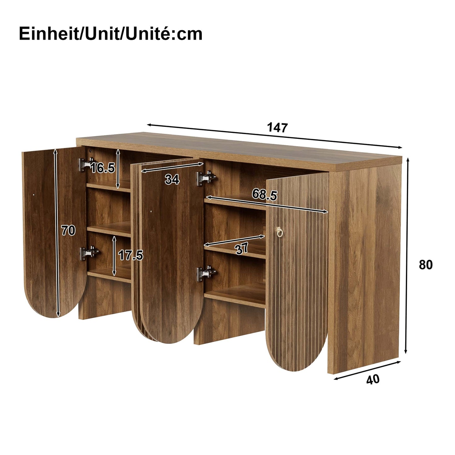 Elegantes Sideboard 147*40*80 cm in Walnussoptik - 4 Türen mit Aluminiumgriffen & verstellbaren Einlegeböden - Stilvoller Aufbewahrungsschrank für Wohnzimmer, Esszimmer & Flur