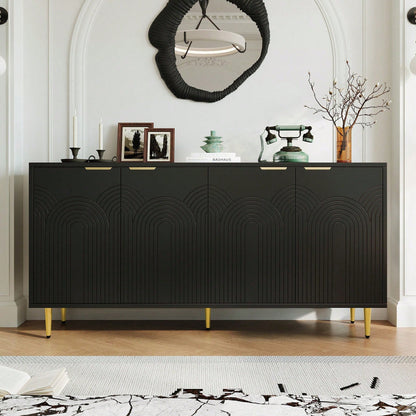 Schwarzes Sideboard mit Goldakzenten – Moderne Kommode mit 4 Türen, gebürsteten Griffen & Hochglanzbeinen (160*80*40 cm) – Eleganter Wohntresor fürs Wohnzimmer
