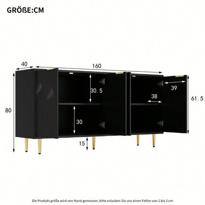 Schwarzes Sideboard mit Goldakzenten – Moderne Kommode mit 4 Türen, gebürsteten Griffen & Hochglanzbeinen (160*80*40 cm) – Eleganter Wohntresor fürs Wohnzimmer