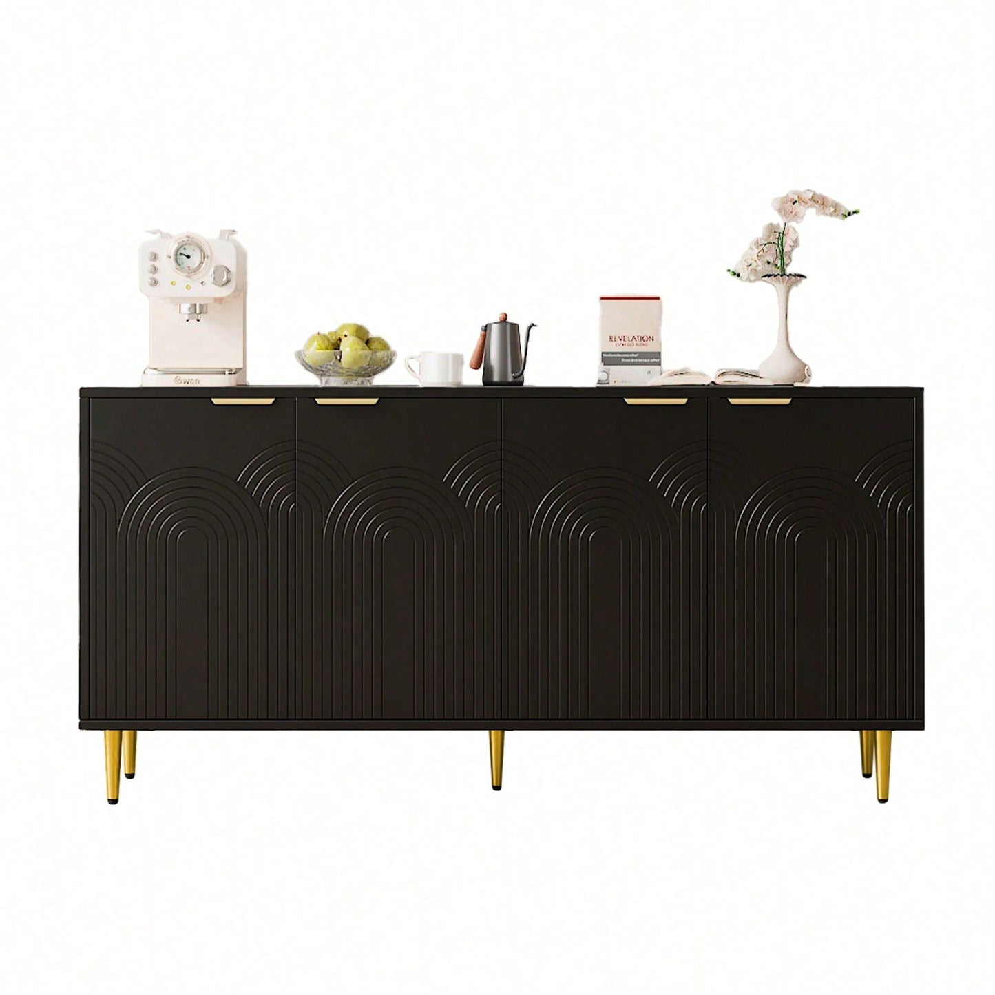 Schwarzes Sideboard mit Goldakzenten – Moderne Kommode mit 4 Türen, gebürsteten Griffen & Hochglanzbeinen (160*80*40 cm) – Eleganter Wohntresor fürs Wohnzimmer