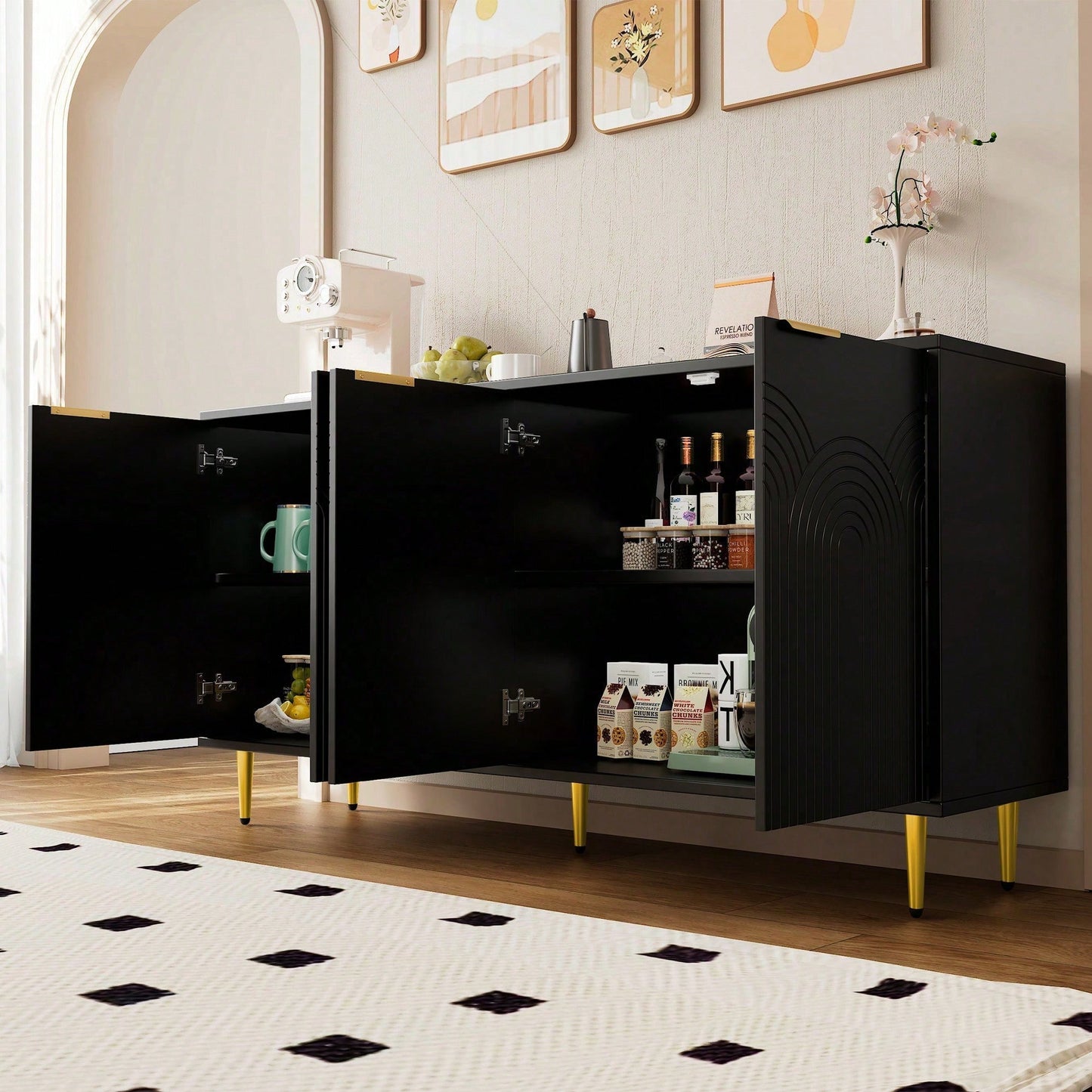 Schwarzes Sideboard mit Goldakzenten – Moderne Kommode mit 4 Türen, gebürsteten Griffen & Hochglanzbeinen (160*80*40 cm) – Eleganter Wohntresor fürs Wohnzimmer