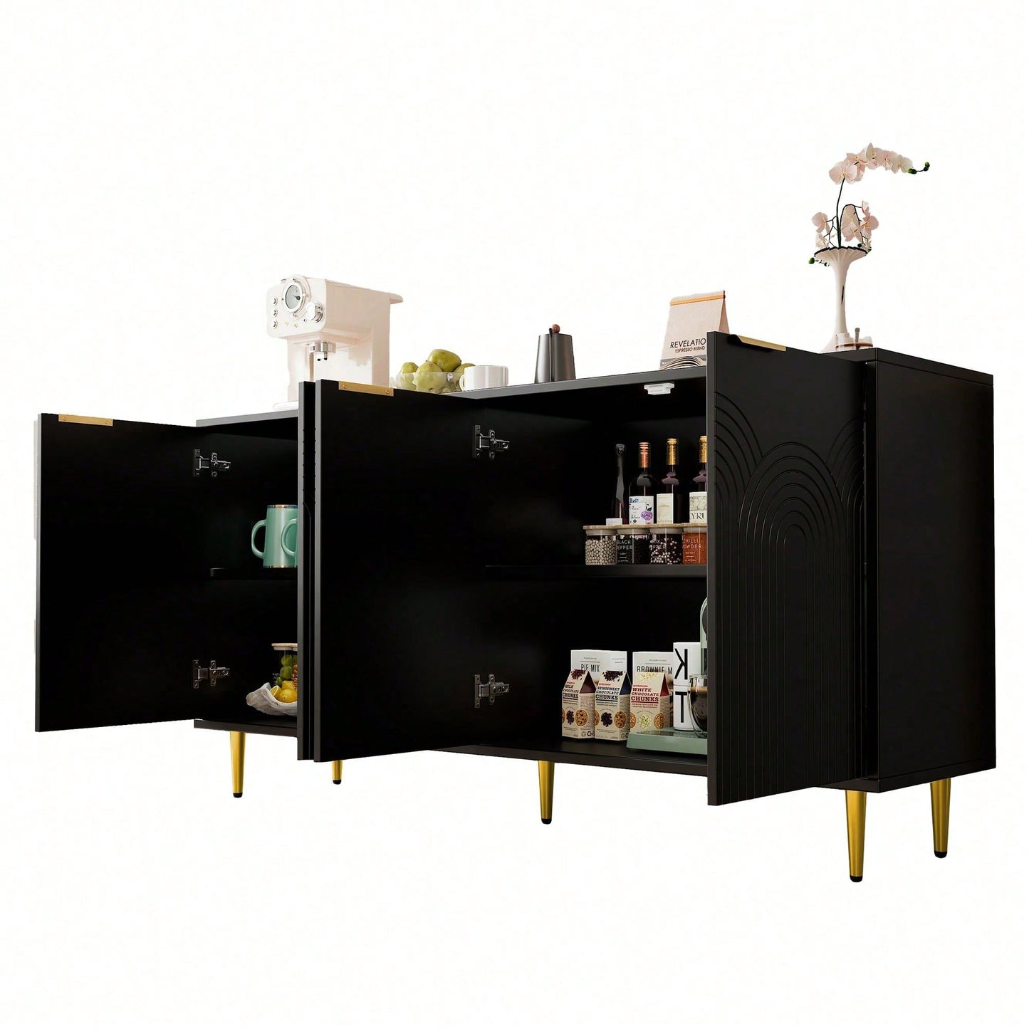 Schwarzes Sideboard mit Goldakzenten – Moderne Kommode mit 4 Türen, gebürsteten Griffen & Hochglanzbeinen (160*80*40 cm) – Eleganter Wohntresor fürs Wohnzimmer