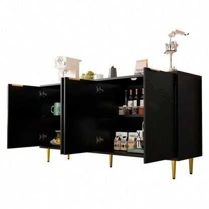 Schwarzes Sideboard mit Goldakzenten – Moderne Kommode mit 4 Türen, gebürsteten Griffen & Hochglanzbeinen (160*80*40 cm) – Eleganter Wohntresor fürs Wohnzimmer