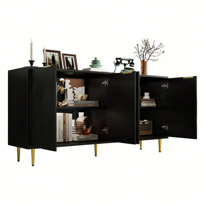 Schwarzes Sideboard mit Goldakzenten – Moderne Kommode mit 4 Türen, gebürsteten Griffen & Hochglanzbeinen (160*80*40 cm) – Eleganter Wohntresor fürs Wohnzimmer