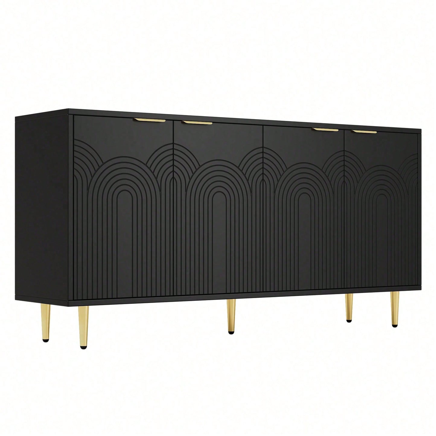Schwarzes Sideboard mit Goldakzenten – Moderne Kommode mit 4 Türen, gebürsteten Griffen & Hochglanzbeinen (160*80*40 cm) – Eleganter Wohntresor fürs Wohnzimmer