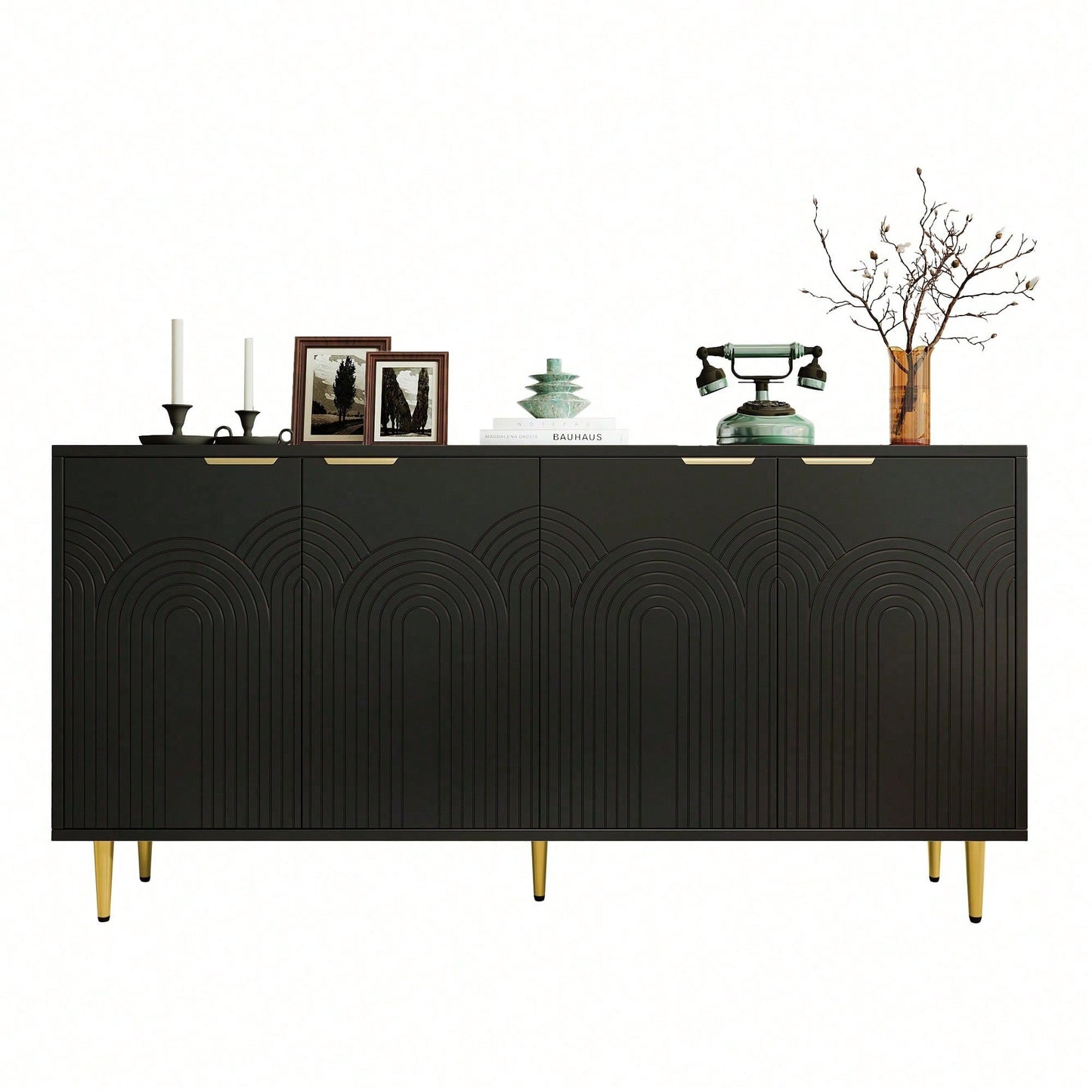 Schwarzes Sideboard mit Goldakzenten – Moderne Kommode mit 4 Türen, gebürsteten Griffen & Hochglanzbeinen (160*80*40 cm) – Eleganter Wohntresor fürs Wohnzimmer