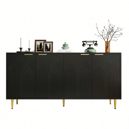 Schwarzes Sideboard mit Goldakzenten – Moderne Kommode mit 4 Türen, gebürsteten Griffen & Hochglanzbeinen (160*80*40 cm) – Eleganter Wohntresor fürs Wohnzimmer