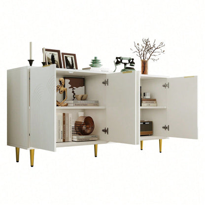 Weißes Sideboard mit Goldakzenten – Moderne Kommode mit 4 Türen & gebürsteten Griffen, Hochglanz-Beinen (160*80*40 cm) – Stilschranktisch für Wohnzimmer