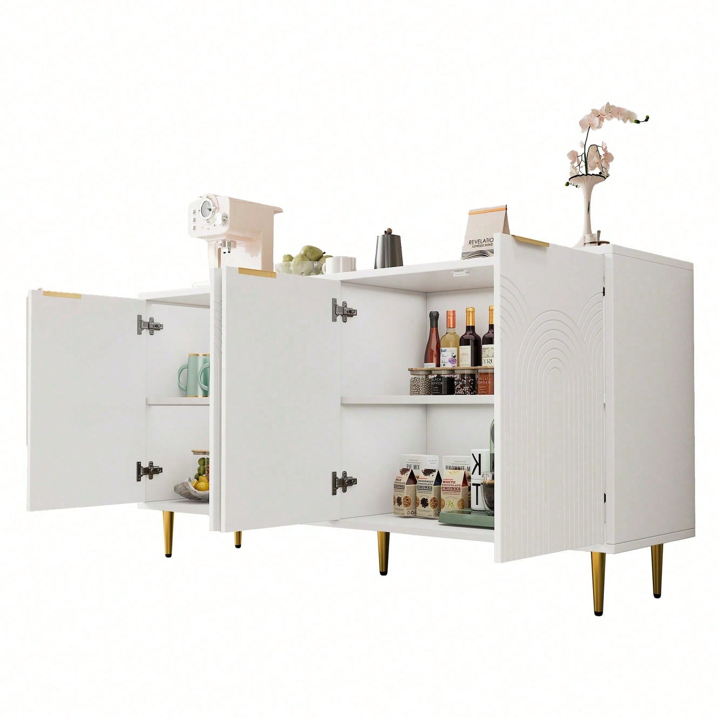 Weißes Sideboard mit Goldakzenten – Moderne Kommode mit 4 Türen & gebürsteten Griffen, Hochglanz-Beinen (160*80*40 cm) – Stilschranktisch für Wohnzimmer