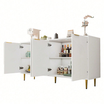 Weißes Sideboard mit Goldakzenten – Moderne Kommode mit 4 Türen & gebürsteten Griffen, Hochglanz-Beinen (160*80*40 cm) – Stilschranktisch für Wohnzimmer