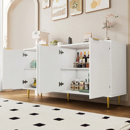 Weißes Sideboard mit Goldakzenten – Moderne Kommode mit 4 Türen & gebürsteten Griffen, Hochglanz-Beinen (160*80*40 cm) – Stilschranktisch für Wohnzimmer