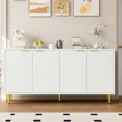 Weißes Sideboard mit Goldakzenten – Moderne Kommode mit 4 Türen & gebürsteten Griffen, Hochglanz-Beinen (160*80*40 cm) – Stilschranktisch für Wohnzimmer
