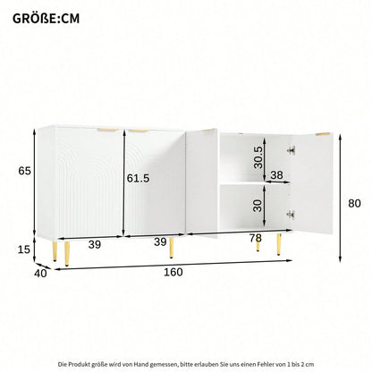 Weißes Sideboard mit Goldakzenten – Moderne Kommode mit 4 Türen & gebürsteten Griffen, Hochglanz-Beinen (160*80*40 cm) – Stilschranktisch für Wohnzimmer
