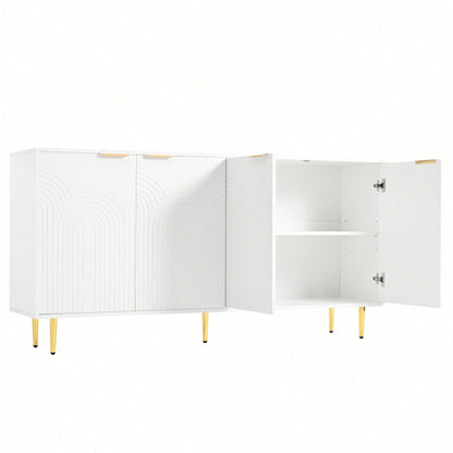 Weißes Sideboard mit Goldakzenten – Moderne Kommode mit 4 Türen & gebürsteten Griffen, Hochglanz-Beinen (160*80*40 cm) – Stilschranktisch für Wohnzimmer