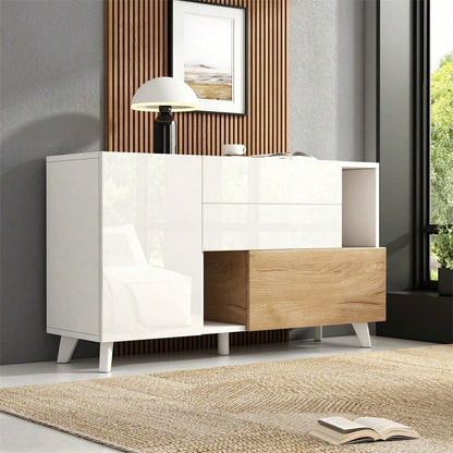 Hochglänzendes weißes original holzfarbenes Sideboard mit Stauraum, Ess-Sideboard mit Stauraum, moderner Wohnzimmerschrank