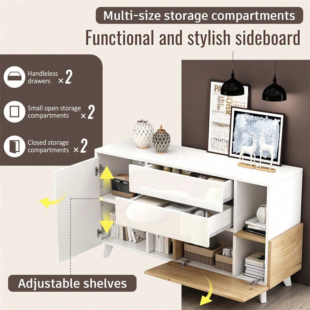 Hochglänzendes weißes original holzfarbenes Sideboard mit Stauraum, Ess-Sideboard mit Stauraum, moderner Wohnzimmerschrank