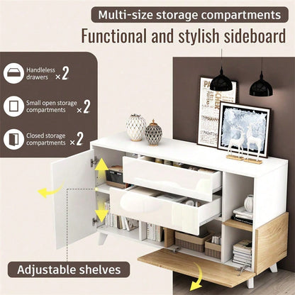 Hochglänzendes weißes original holzfarbenes Sideboard mit Stauraum, Ess-Sideboard mit Stauraum, moderner Wohnzimmerschrank