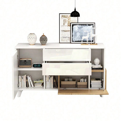 Hochglänzendes weißes original holzfarbenes Sideboard mit Stauraum, Ess-Sideboard mit Stauraum, moderner Wohnzimmerschrank