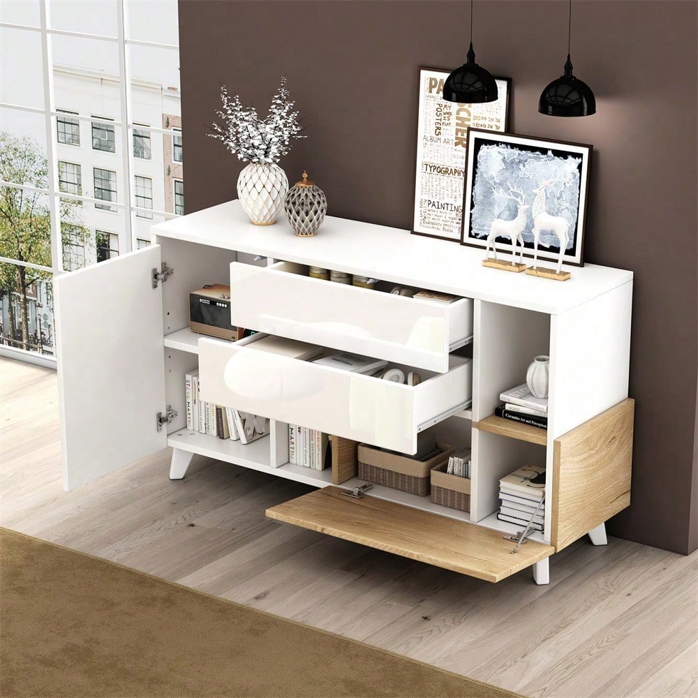 Hochglänzendes weißes original holzfarbenes Sideboard mit Stauraum, Ess-Sideboard mit Stauraum, moderner Wohnzimmerschrank