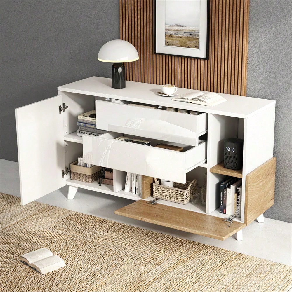 Hochglänzendes weißes original holzfarbenes Sideboard mit Stauraum, Ess-Sideboard mit Stauraum, moderner Wohnzimmerschrank