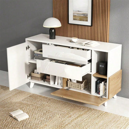 Hochglänzendes weißes original holzfarbenes Sideboard mit Stauraum, Ess-Sideboard mit Stauraum, moderner Wohnzimmerschrank