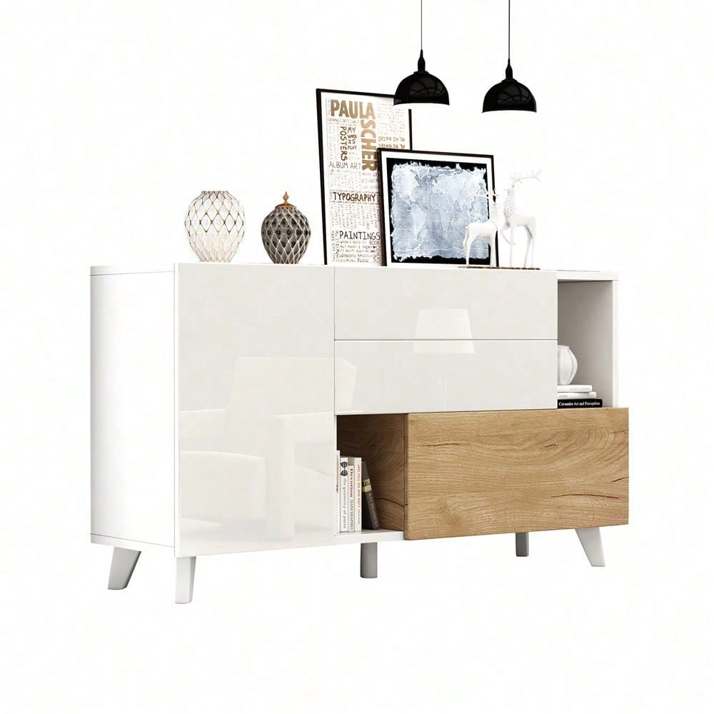 Hochglänzendes weißes original holzfarbenes Sideboard mit Stauraum, Ess-Sideboard mit Stauraum, moderner Wohnzimmerschrank