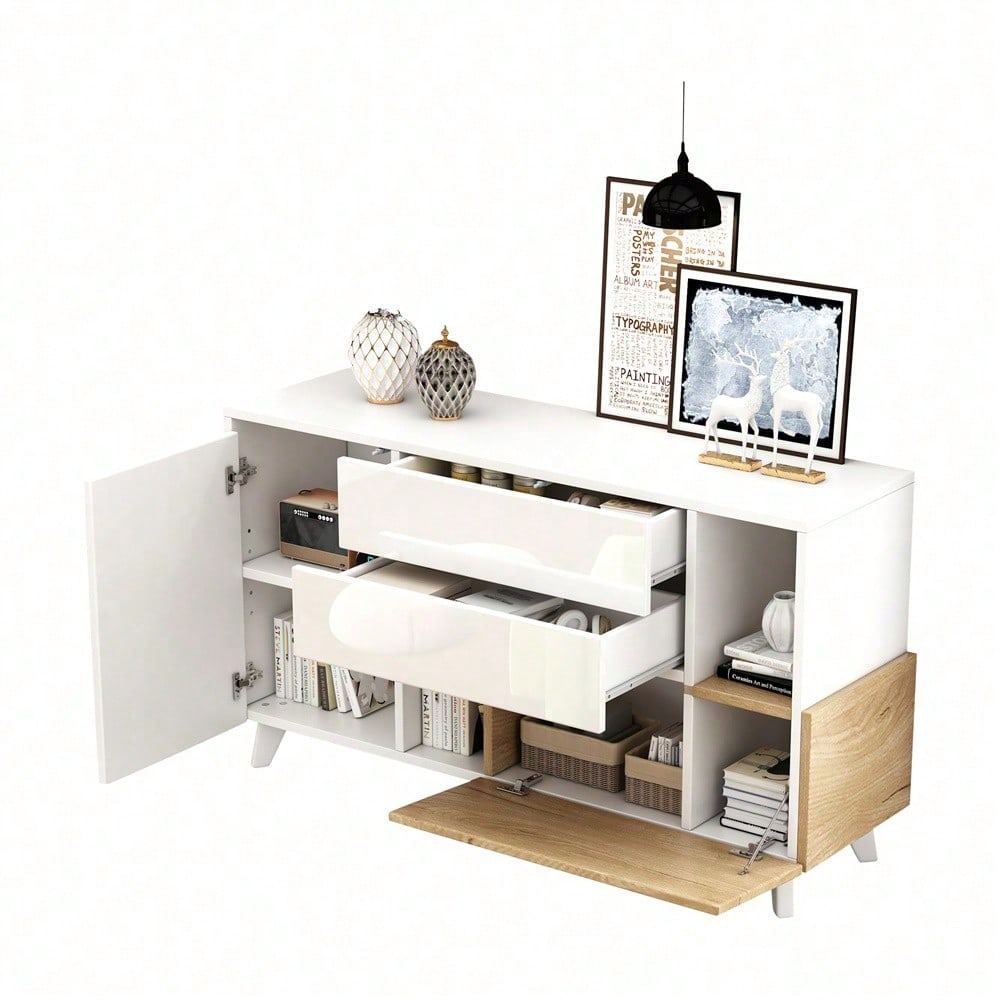 Hochglänzendes weißes original holzfarbenes Sideboard mit Stauraum, Ess-Sideboard mit Stauraum, moderner Wohnzimmerschrank