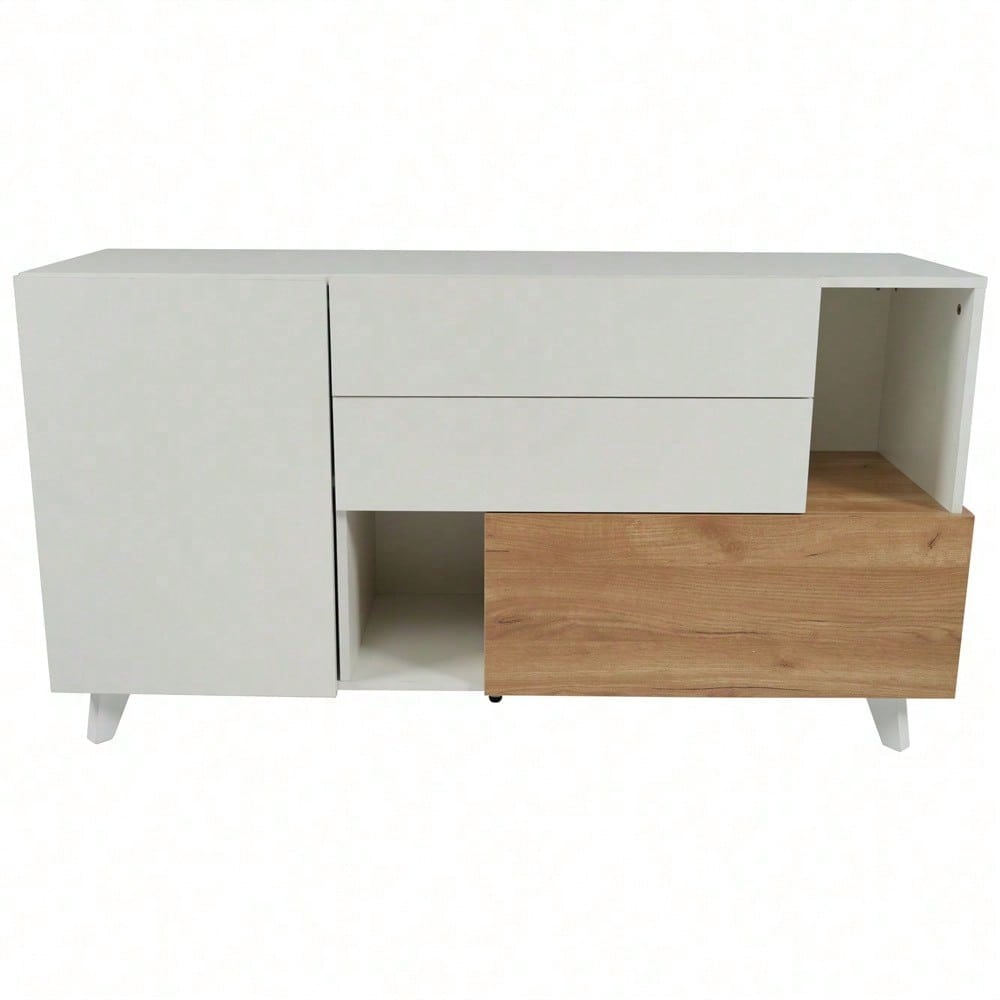 Hochglänzendes weißes original holzfarbenes Sideboard mit Stauraum, Ess-Sideboard mit Stauraum, moderner Wohnzimmerschrank