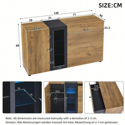 Sideboard, Modernes Anrichte Schrank Buffetschrank Sideboard mit 3 Schubladen,Accent Konsolentisch-Aufbewahrungsschrank mit Glas, Breite 140 cm
