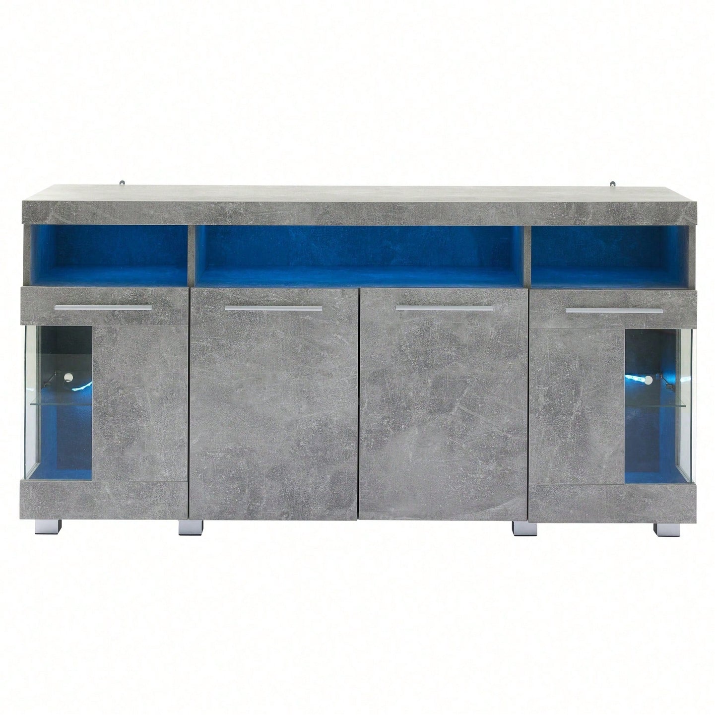 140*40*70cm Zementfarbener Beistelltisch, Wohnzimmer Hochglanz Seitenschrank mit LED Licht, breites Sideboard, Seitenschrank aus gehärtetem Glas mit 3 Fächern