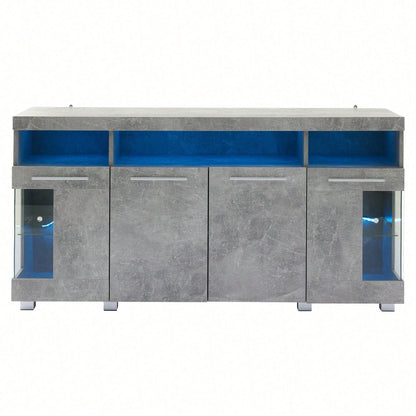 140*40*70cm Zementfarbener Beistelltisch, Wohnzimmer Hochglanz Seitenschrank mit LED Licht, breites Sideboard, Seitenschrank aus gehärtetem Glas mit 3 Fächern