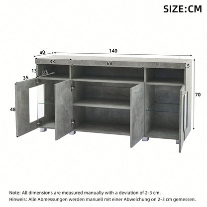 140*40*70cm Zementfarbener Beistelltisch, Wohnzimmer Hochglanz Seitenschrank mit LED Licht, breites Sideboard, Seitenschrank aus gehärtetem Glas mit 3 Fächern