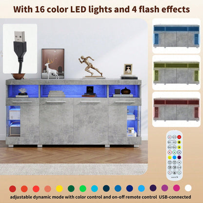 140*40*70cm Zementfarbener Beistelltisch, Wohnzimmer Hochglanz Seitenschrank mit LED Licht, breites Sideboard, Seitenschrank aus gehärtetem Glas mit 3 Fächern