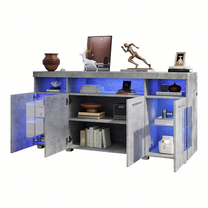 140*40*70cm Zementfarbener Beistelltisch, Wohnzimmer Hochglanz Seitenschrank mit LED Licht, breites Sideboard, Seitenschrank aus gehärtetem Glas mit 3 Fächern