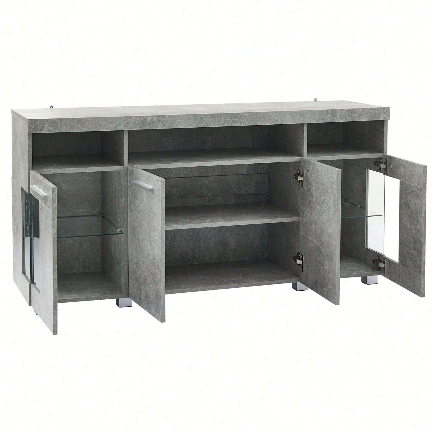 140*40*70cm Zementfarbener Beistelltisch, Wohnzimmer Hochglanz Seitenschrank mit LED Licht, breites Sideboard, Seitenschrank aus gehärtetem Glas mit 3 Fächern
