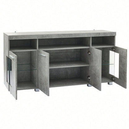 140*40*70cm Zementfarbener Beistelltisch, Wohnzimmer Hochglanz Seitenschrank mit LED Licht, breites Sideboard, Seitenschrank aus gehärtetem Glas mit 3 Fächern