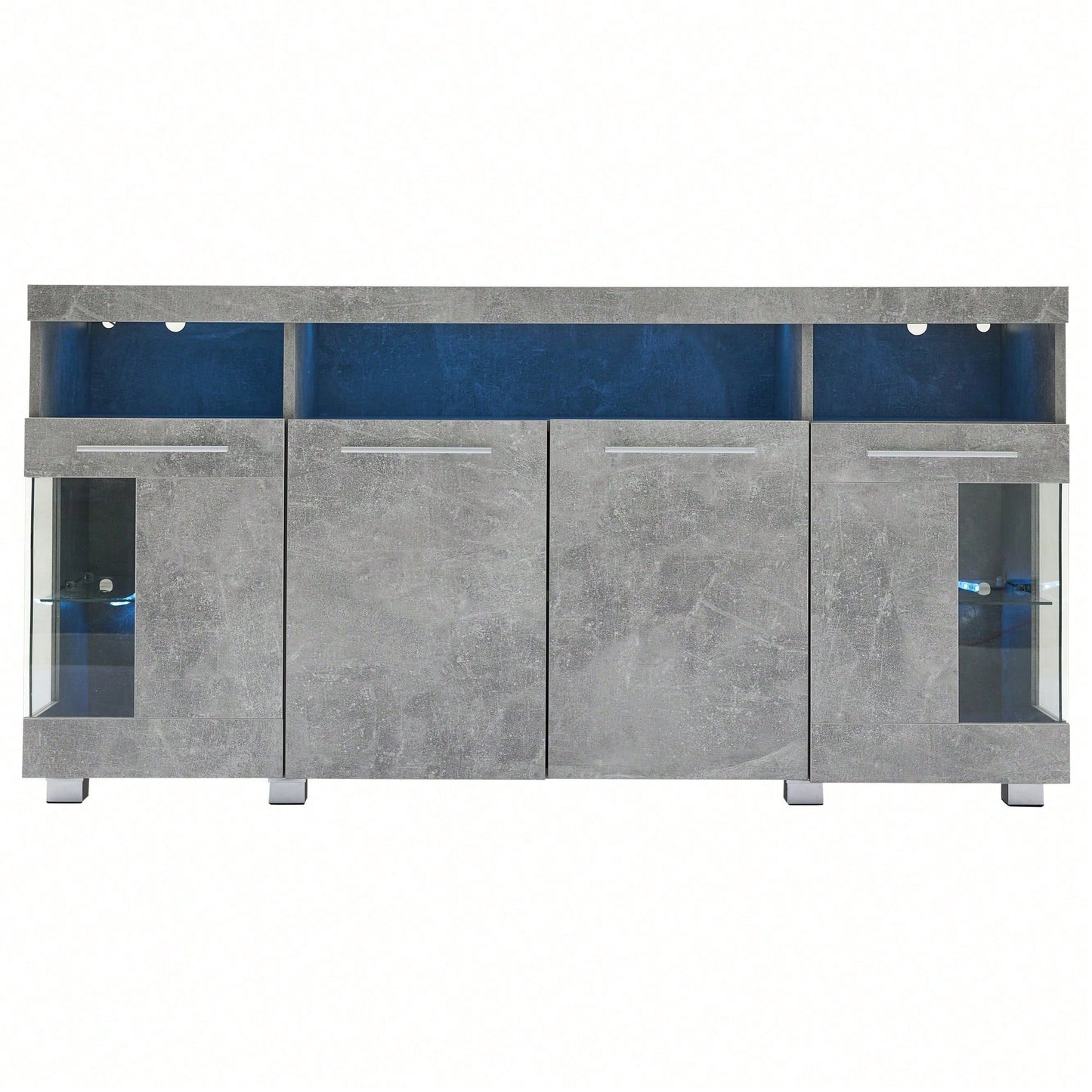 140*40*70cm Zementfarbener Beistelltisch, Wohnzimmer Hochglanz Seitenschrank mit LED Licht, breites Sideboard, Seitenschrank aus gehärtetem Glas mit 3 Fächern