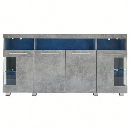 140*40*70cm Zementfarbener Beistelltisch, Wohnzimmer Hochglanz Seitenschrank mit LED Licht, breites Sideboard, Seitenschrank aus gehärtetem Glas mit 3 Fächern
