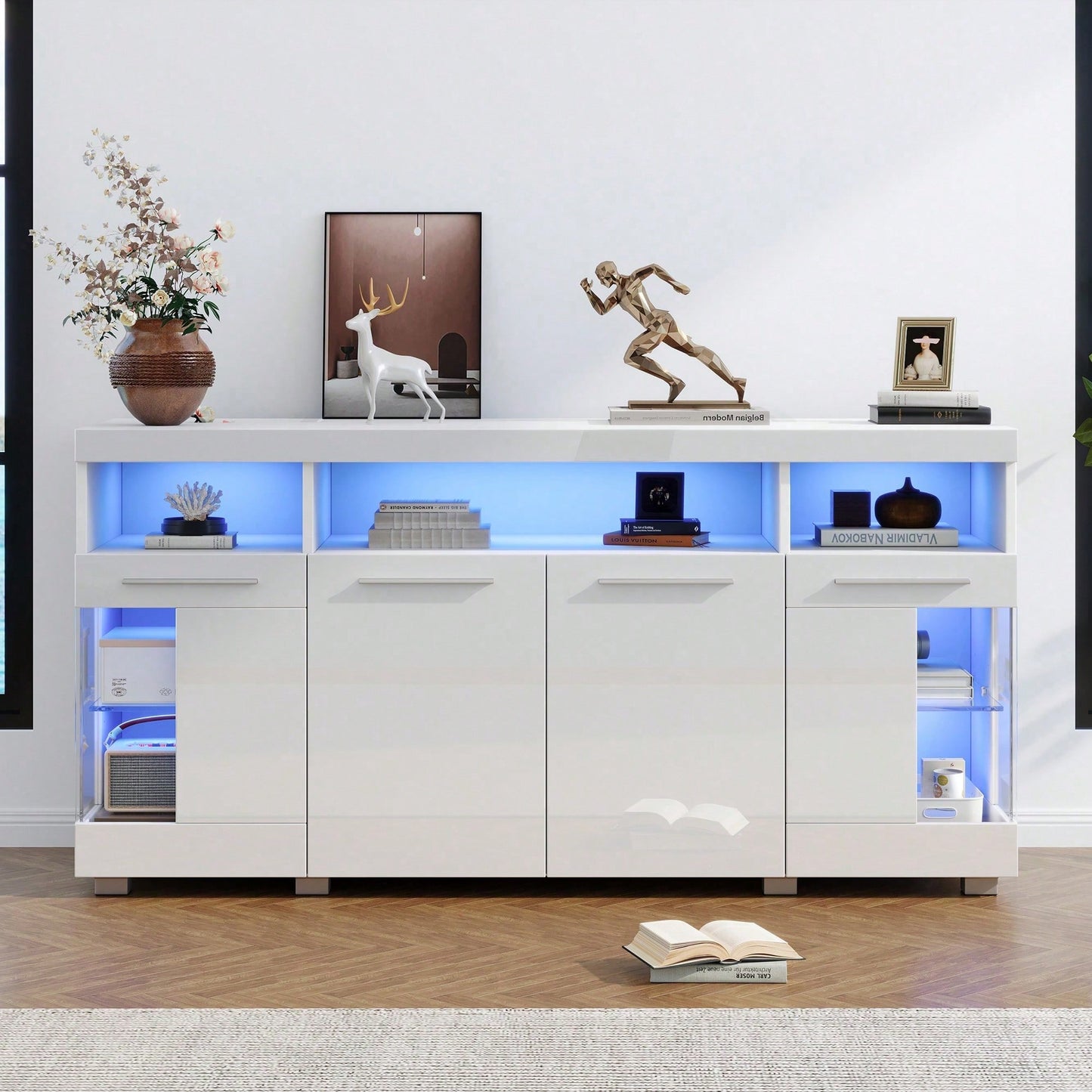 140*40*70cm Zementfarbener Beistelltisch, Wohnzimmer Hochglanz Seitenschrank mit LED Licht, breites Sideboard, Seitenschrank aus gehärtetem Glas mit 3 Fächern