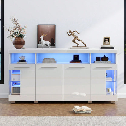 140*40*70cm Zementfarbener Beistelltisch, Wohnzimmer Hochglanz Seitenschrank mit LED Licht, breites Sideboard, Seitenschrank aus gehärtetem Glas mit 3 Fächern