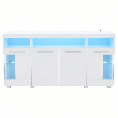 140*40*70cm Zementfarbener Beistelltisch, Wohnzimmer Hochglanz Seitenschrank mit LED Licht, breites Sideboard, Seitenschrank aus gehärtetem Glas mit 3 Fächern