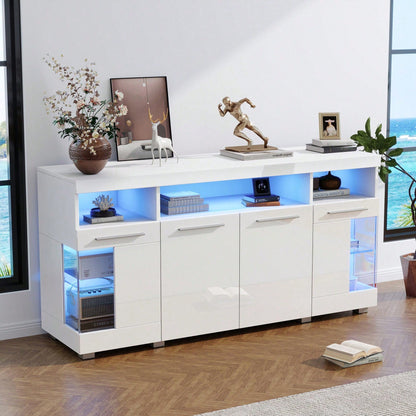 140*40*70cm Zementfarbener Beistelltisch, Wohnzimmer Hochglanz Seitenschrank mit LED Licht, breites Sideboard, Seitenschrank aus gehärtetem Glas mit 3 Fächern