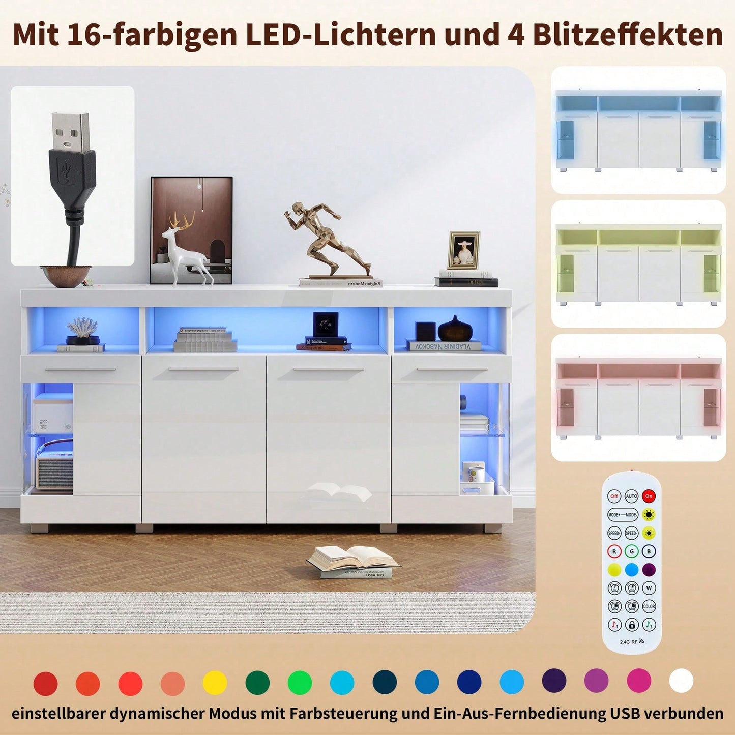 140*40*70cm Zementfarbener Beistelltisch, Wohnzimmer Hochglanz Seitenschrank mit LED Licht, breites Sideboard, Seitenschrank aus gehärtetem Glas mit 3 Fächern