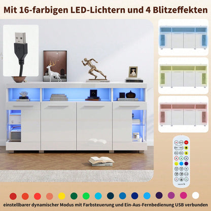 140*40*70cm Zementfarbener Beistelltisch, Wohnzimmer Hochglanz Seitenschrank mit LED Licht, breites Sideboard, Seitenschrank aus gehärtetem Glas mit 3 Fächern