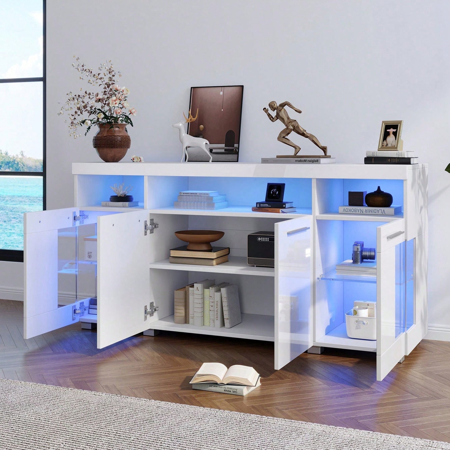 140*40*70cm Zementfarbener Beistelltisch, Wohnzimmer Hochglanz Seitenschrank mit LED Licht, breites Sideboard, Seitenschrank aus gehärtetem Glas mit 3 Fächern
