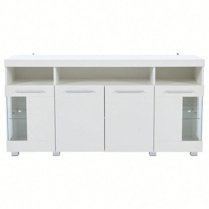 140*40*70cm Zementfarbener Beistelltisch, Wohnzimmer Hochglanz Seitenschrank mit LED Licht, breites Sideboard, Seitenschrank aus gehärtetem Glas mit 3 Fächern